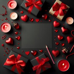Black solid background with red hearts, gifts and candles. The concept of Valentine Day