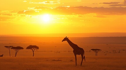  a giraffe standing in the middle of a field with trees in the background and the sun setting in the sky in the middle of the middle of the distance.