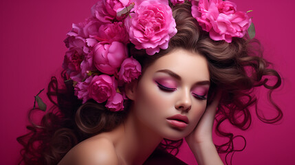 girl with delicate flowers in hair and fashion fuchsia with flowers