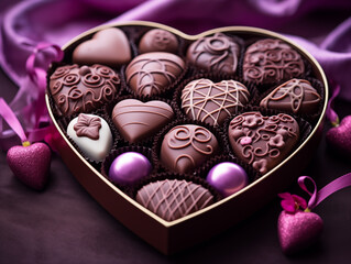 Heart shape box with full of chocolate Valentine's Day Gift. Generative AI