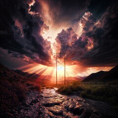 High voltage power lines in the mountains at sunset. 3d render