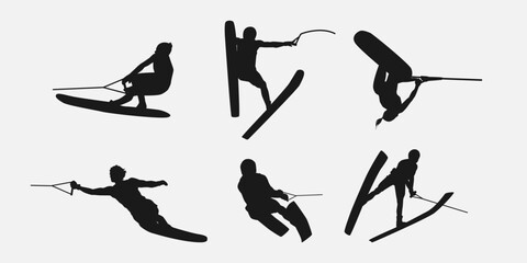 Water ski vector set silhouettes. Isolated on white background, Water sport, summer. Vector illustration. - obrazy, fototapety, plakaty