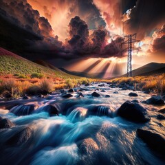 Power line in the middle of a mountain river. Dramatic sky.