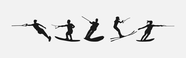 Water ski vector set silhouettes. Isolated on white background, Water sport, summer. Vector illustration.
