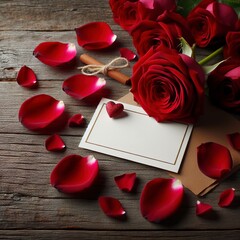 Red roses petals with card on a old wooden background