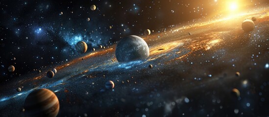 Realistic science fiction art of Solar system: 3D illustration, high quality, all planets, 5K.