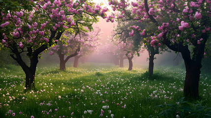 Pink beautiful blooming garden of  trees - obrazy, fototapety, plakaty