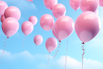 Fototapeta premium Pastel Celebration: 3D Render of Pink Balloons on Pastel Blue Background. Generative ai