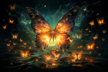 Poster Luminescent soulfire butterflies, illuminating the darkness with their gentle glow - Generative AI © Sidewaypics