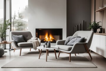 Scandinavian interior home design of modern living room with gray chair and shelf near fireplace with concrete wall