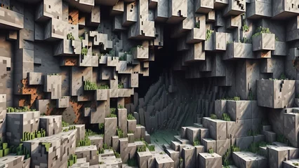 Crumbling blocky cubes wall. Blocky world earthquake. Blocky texture. Generative AI.