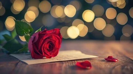 Romantic Love Notes- Close-Up of a Love Letter with Red Roses on a Wooden Desk, Enhanced by Bokeh Lights, Perfect for Valentine's Day Wallpaper Background