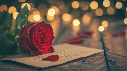 Romantic Love Notes- Close-Up of a Love Letter with Red Roses on a Wooden Desk, Enhanced by Bokeh Lights, Perfect for Valentine's Day Wallpaper Background - obrazy, fototapety, plakaty