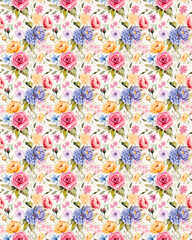 Multimotif flowers ornament Seamless pattern with watercolor flowers roses, repeat floral texture, vintage background. Perfectly for wrapping paper, wallpaper, fabric printed