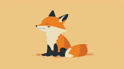  a fox sitting on the ground with its eyes closed and it's head turned to look like it's sitting on the ground, with a tan background.