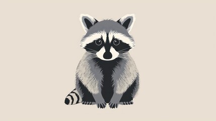Obraz premium a raccoon sitting on top of a white floor next to a black and white striped cat on a beige background with a black and white stripe on the bottom of the raccoon.