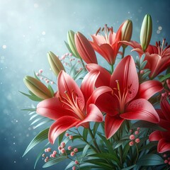 Beautiful bunch of red Lily flower on blue blurred background