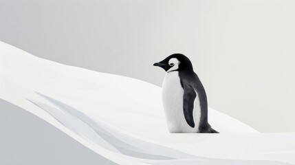  a black and white penguin standing on top of a snow covered hill with snow blowing in the wind and a gray sky in the background, with a white background.