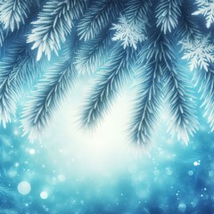 Fototapeta na wymiar Blue abstract winter background with rime covered fir branches