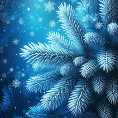Blue abstract winter background with rime covered fir branches