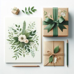 Gift box, envelope and notebook with green leaves on a white background