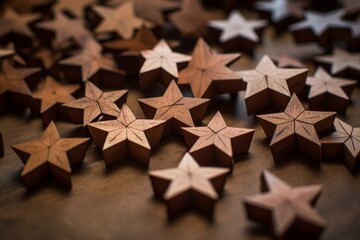 Detailed view of small wooden stars arranged on a tabletop. Generative AI