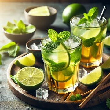 Iced green tea with lime and fresh mint