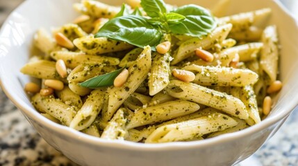  a white bowl filled with pesto pasta and topped with a leafy green garnish and a sprig of sprig of basil on top.
