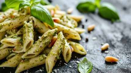  a close up of a plate of pasta with pesto sprinkled on the top of the pasta and a sprig of basil leaves on the side. - obrazy, fototapety, plakaty
