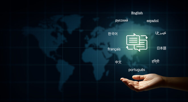 Hand holding speech bubble with arrows and text in many important languages. Illustration of World map background. Translator and languages education concept.