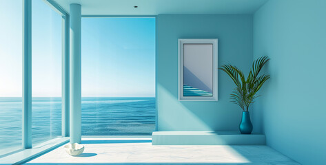 Interior of a modern living room with blue walls, a concrete floor and a large window overlooking the sea. 3d rendering