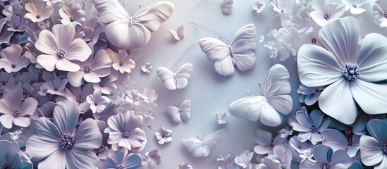 3D wallpaper with white butterflies and purple flowers.