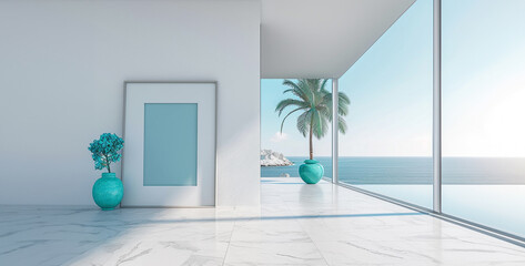 Interior of modern house, living room with sea view, white marble floor and blue vase. 3d render