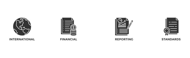 IFRS banner web for international financial reporting standards with icon of global, network, money, documents, books, and writing