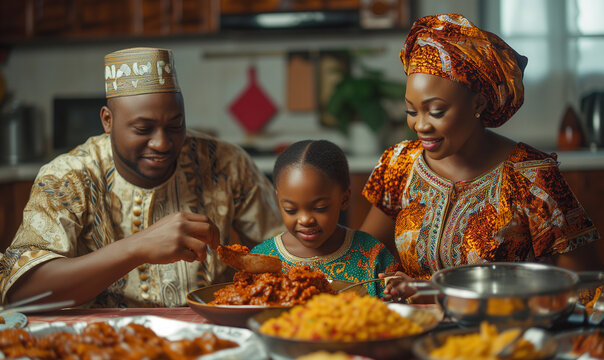 Happy nigerian family wearing native atire having dinner in a kitchen dining room, the mother is dishing from serving dish.