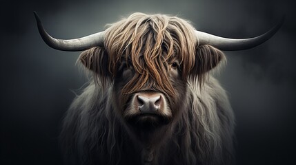 Single highland cow portrait isolated on dark plain background