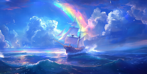 Sailing ship in the sea at sunset. 3D illustration.Sailing boat in the ocean. 3D illustration. Fantasy.