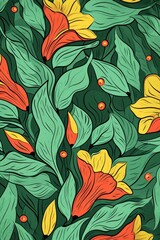 Green Hand Drawn Floral Pattern Vector Background in the Style of Perspective-Bending Graffiti - Free-Flowing Lines Rounded Shapes Wallpaper created with Generative AI Technology