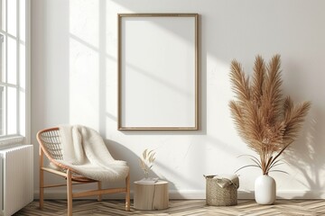 Minimal White Living Room Interior with Blank Poster Frame,Clean and Minimal Living Room with Empty Frame Mock-up