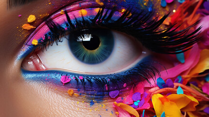 colorful background concept with eye of model with colorful art makeup closeup - obrazy, fototapety, plakaty