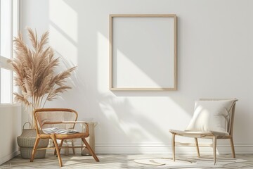 Minimal White Living Room Interior with Blank Poster Frame,Clean and Minimal Living Room with Empty Frame Mock-up
