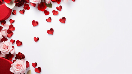 Romantic Valentine's Day Background with Hearts, Flowers, and Gifts on White. Classic Design with Copy Space for Promotional Content. Top View Isolated Background Perfect for Text or Ads.