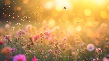 A field of flowers with honeybees busily collecting nectar, busy bees and blooming plants. - Powered by Adobe