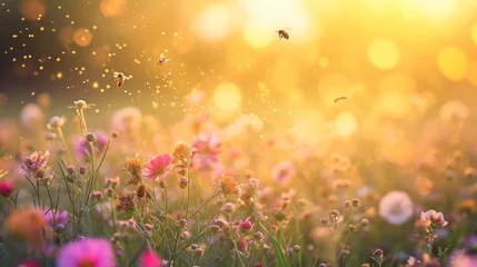 Foto op Aluminium A field of flowers with honeybees busily collecting nectar, busy bees and blooming plants. © okfoto