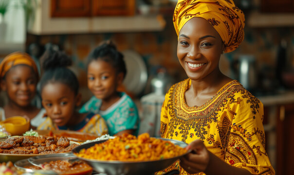 Happy nigerian family wearing native atire having dinner in a kitchen dining room, the mother is dishing from serving dish.
