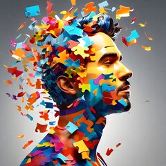Illustration of human head in profile. Vibrant-multicolored jigsaw puzzle pieces. Digital AI.