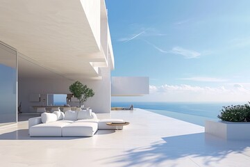 Fototapeta na wymiar Luxury Seaside Living Room: White Elegance,Oceanview Elegance: White Terrace Retreat,White Living Room Paradise: Seafront Luxury