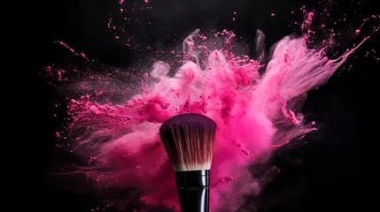 Fotobehang make up brush with pink powder explosion on black background © Aura