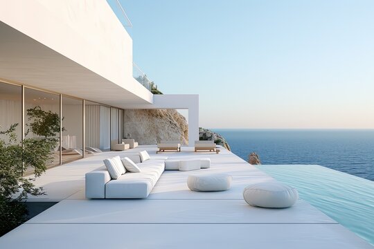 Luxury Seaside Living Room: White Elegance,Oceanview Elegance: White Terrace Retreat,White Living Room Paradise: Seafront Luxury