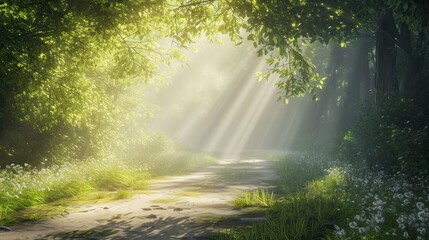  a sunbeam shines through the trees over a dirt road in the middle of a forest with wildflowers and grass on either side of the road or side of the road.